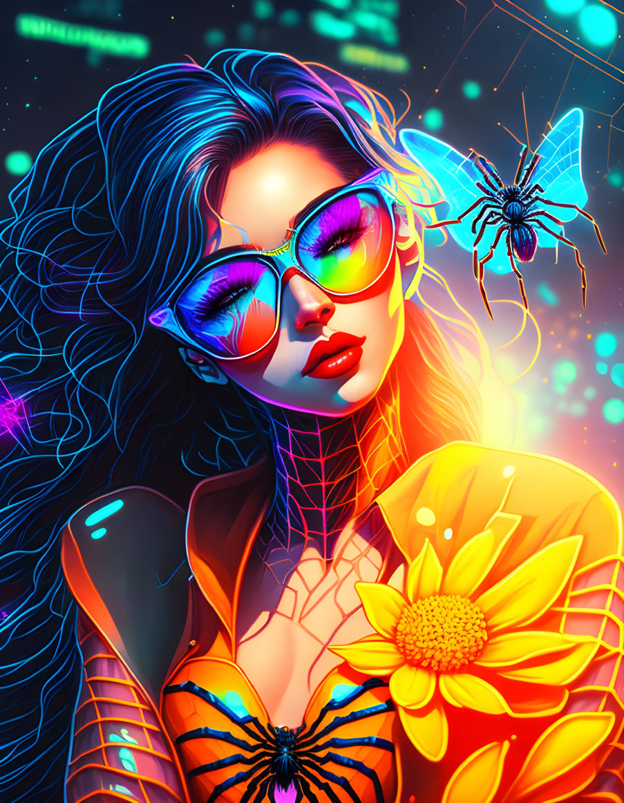 Colorful woman illustration with sunglasses, sunflower, neon butterflies, starry background