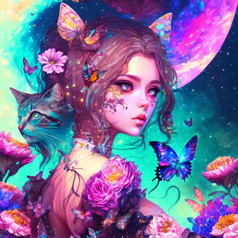 Colorful portrait of girl with cat ears in cosmic setting with flowers, butterflies, and majestic cat.