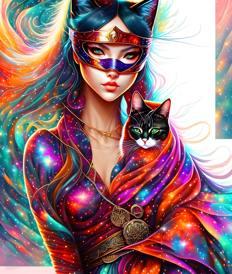 Colorful digital artwork: Woman with galaxy makeup and cat mask holding cosmic feline