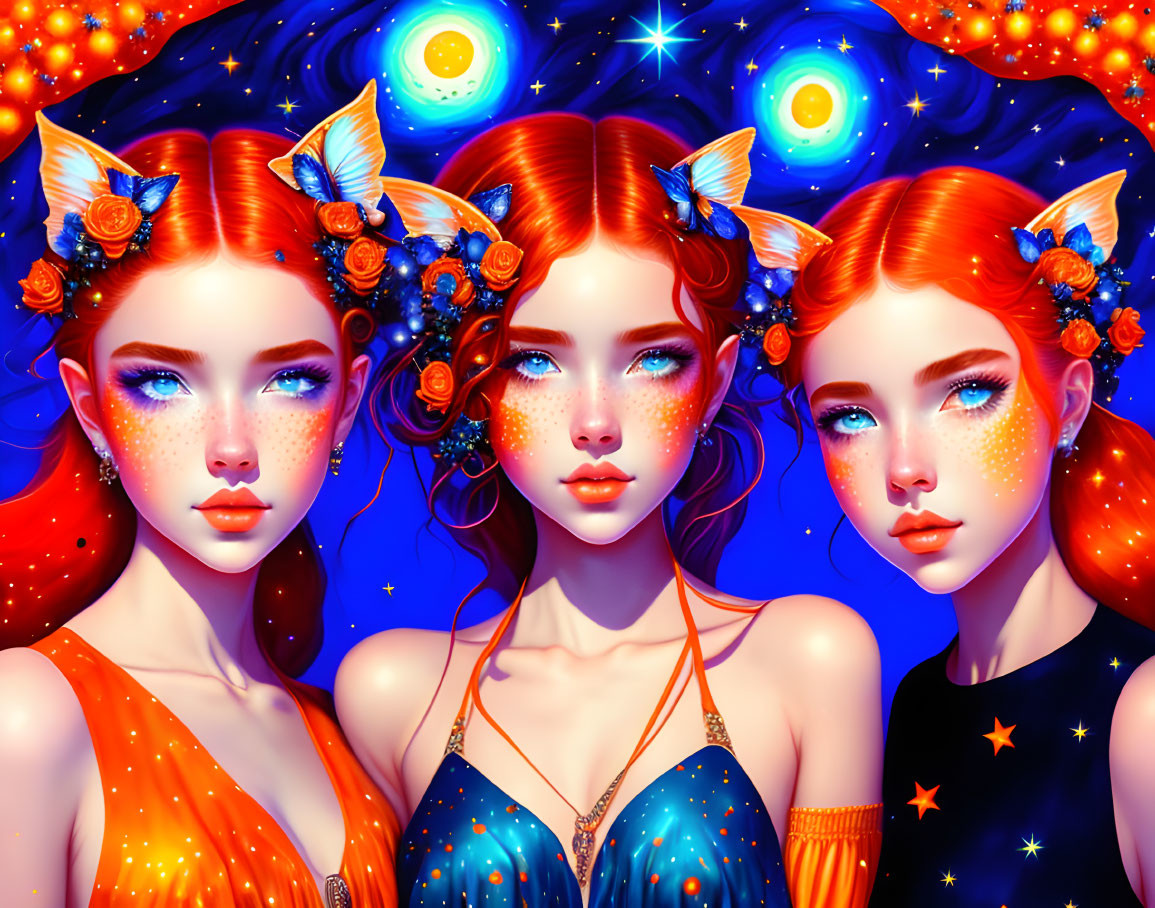 Stylized female characters with red hair in cosmic attire on starry backdrop