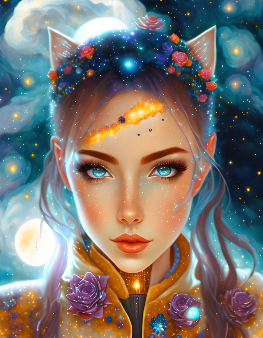 Digital portrait of a woman with cat ears and galaxy-themed headpiece, adorned with cosmic motifs and purple