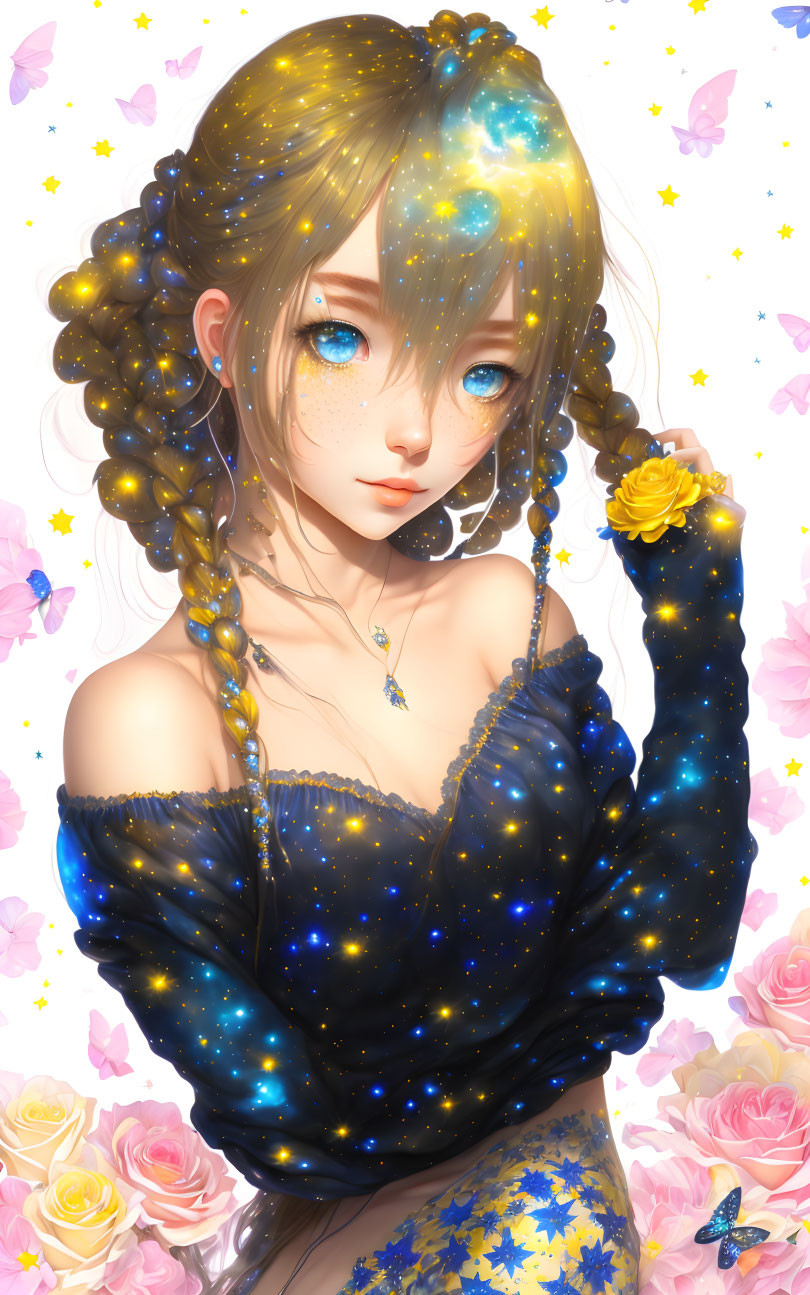 Galaxy-themed anime girl with yellow flower in starry setting