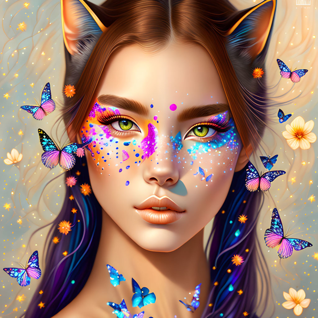 Colorful digital artwork: Woman with cat ears, multicolored makeup, green eyes, butterflies,