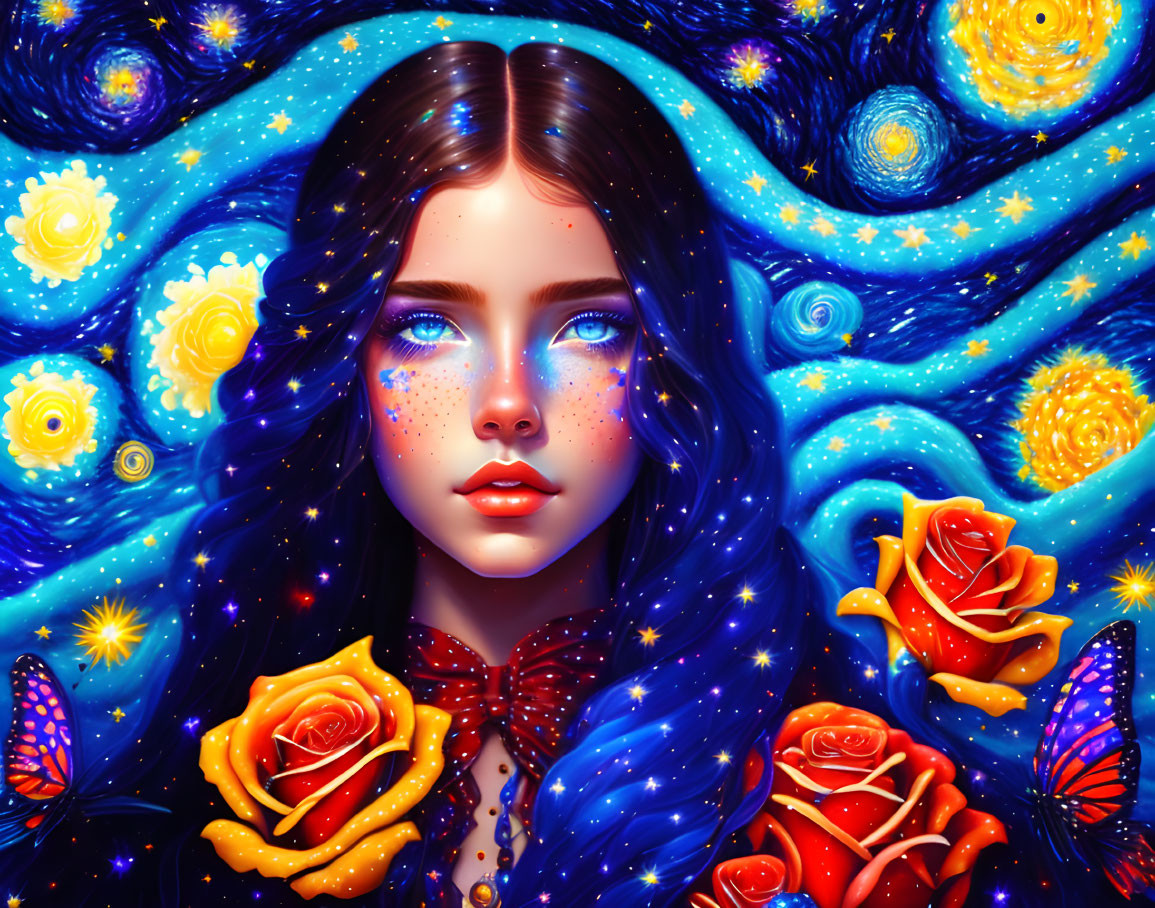 Cosmic-themed digital art portrait of a girl with starry hair and roses.