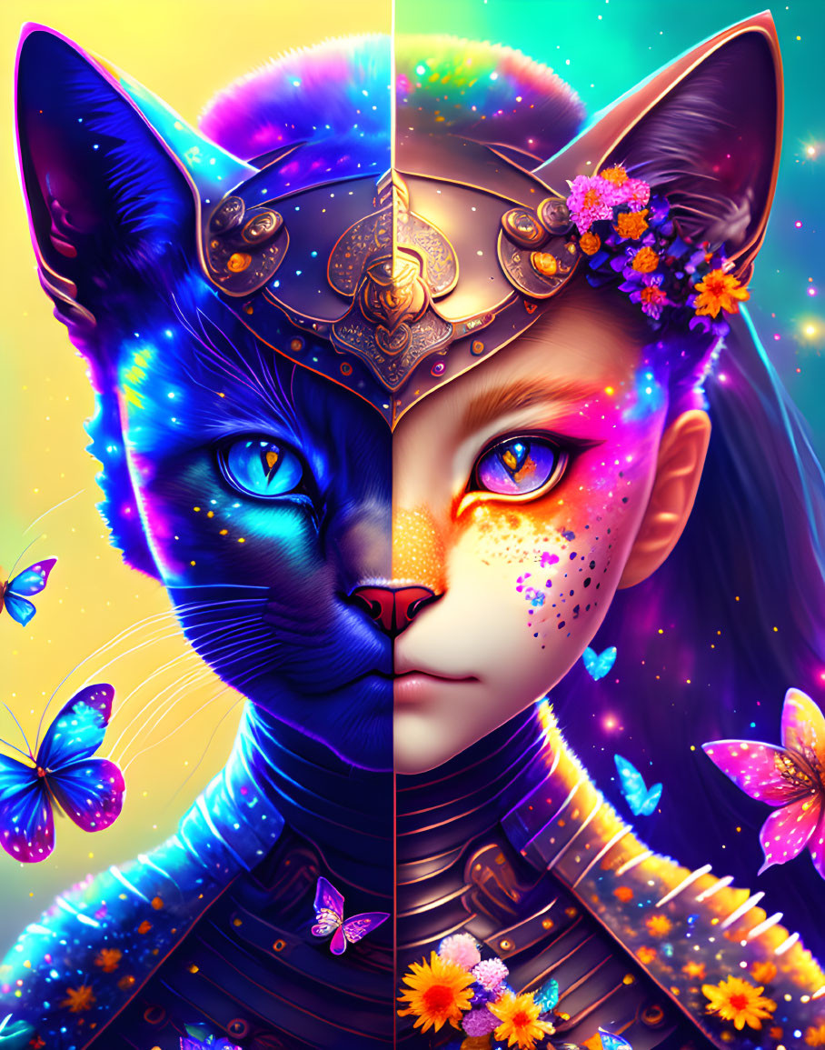 Digital artwork: Girl's face merges with cat in cosmic theme with flowers, butterflies, and ornate