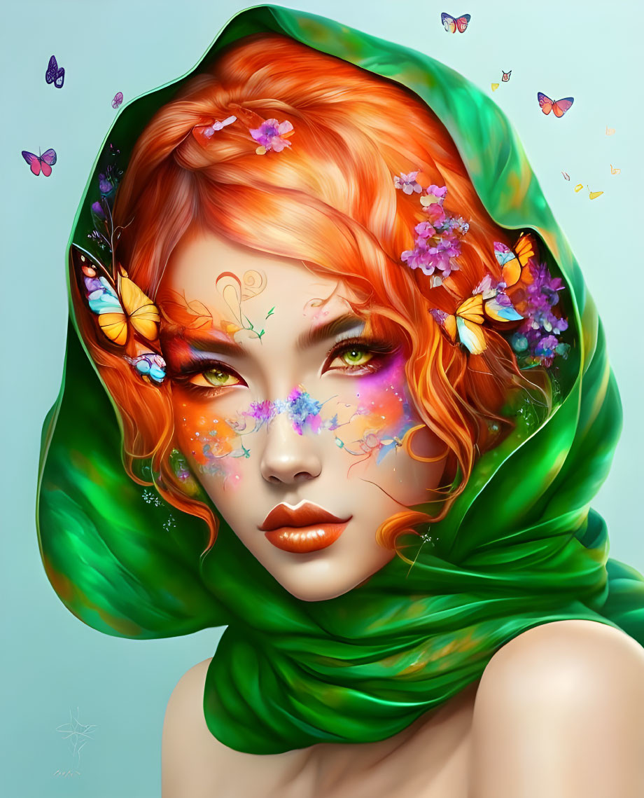 Colorful digital portrait of a woman with green scarf and red hair