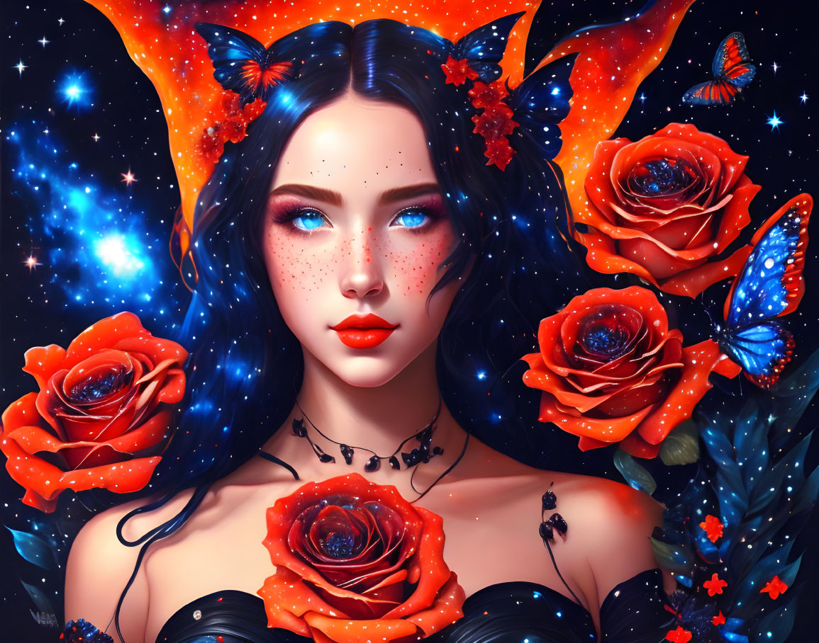 Fantasy portrait of woman with dark hair, blue eyes, red roses, butterflies, cosmic background,