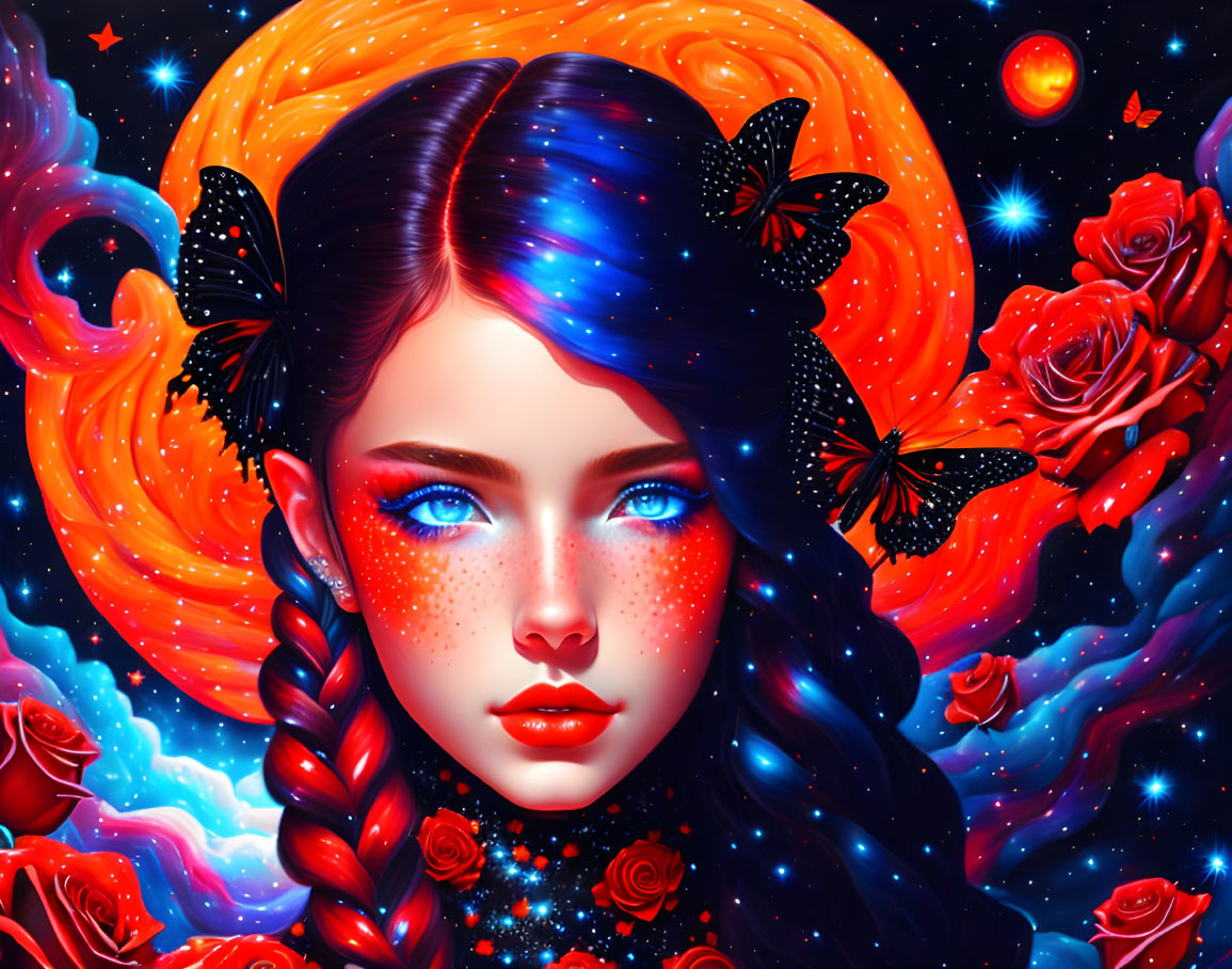 Illustrated portrait of woman with galaxy hair, blue eyes, red roses on cosmic background