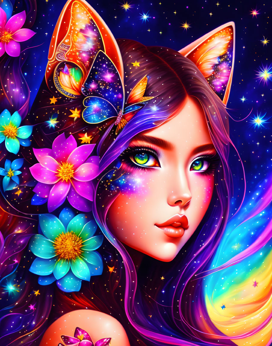 Digital artwork: Woman with feline ears in cosmic setting with neon lotus flowers