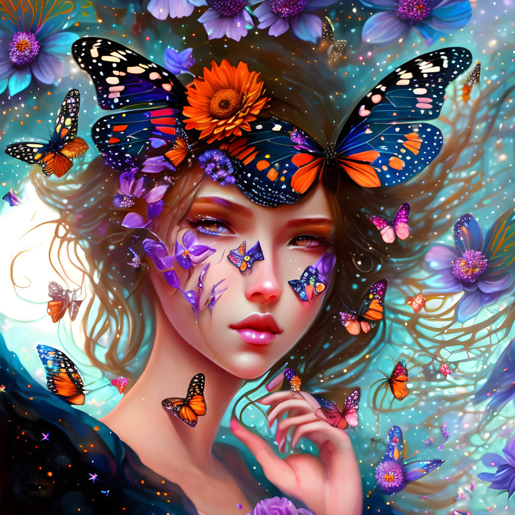 Colorful digital artwork featuring woman with butterflies, flowers, and sparkling stars.