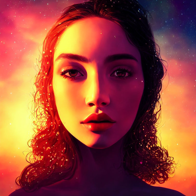 Vibrant digital art portrait of woman with curly hair on starry background