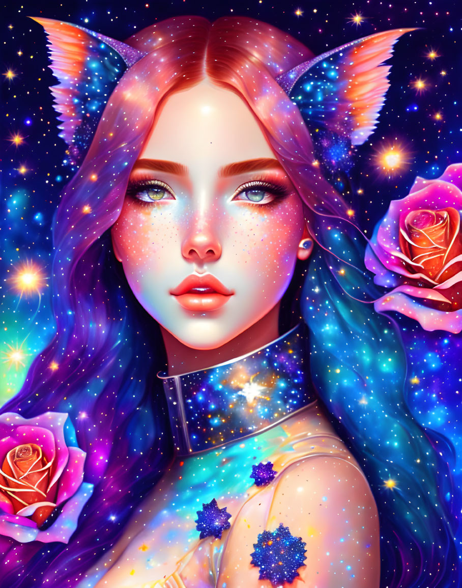 Illustrated portrait of woman with cosmic skin, pointed ears, choker, galaxy hair, stars,