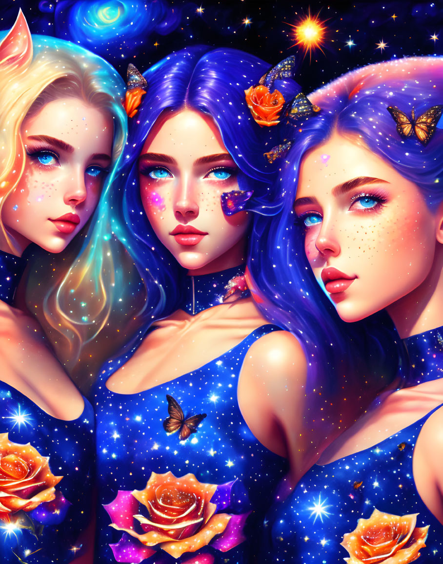 Celestial-themed women with floral hair in starry setting