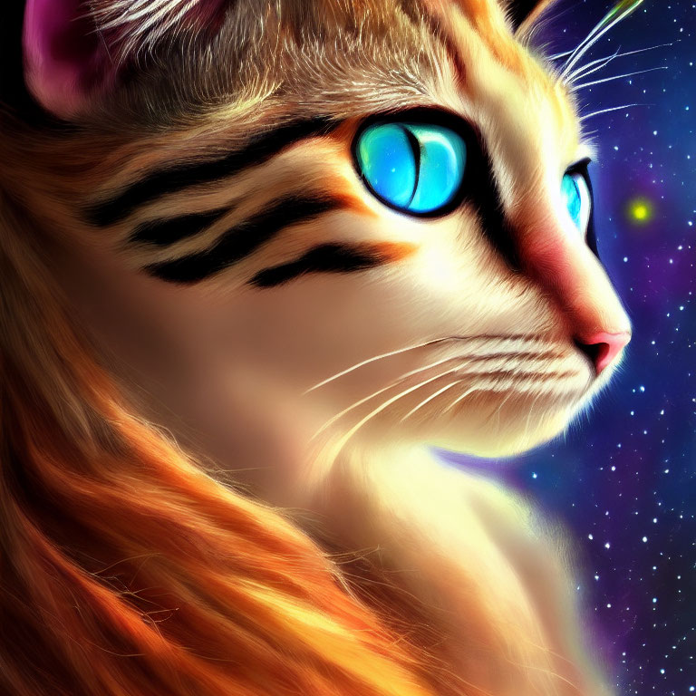 Digitally created cat with blue eyes and orange fur on cosmic background