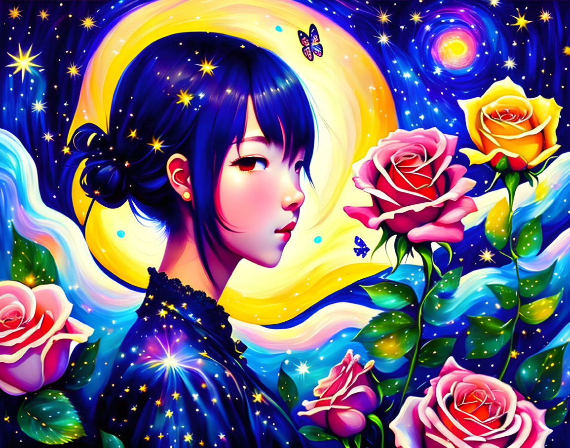 Colorful girl with blue hair holding a rose in cosmic setting