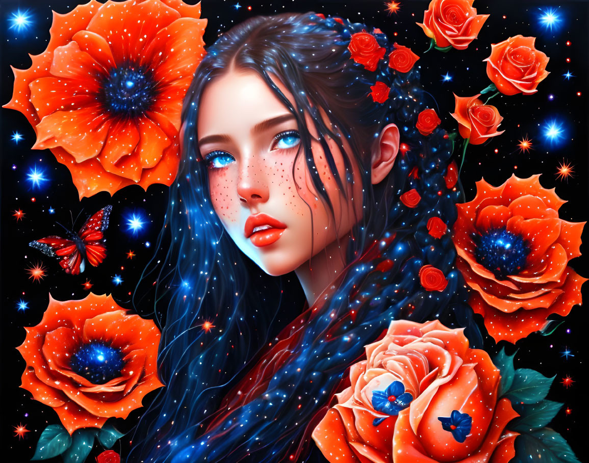 Digital art portrait of woman with blue hair surrounded by red flowers, roses, butterflies, and starry