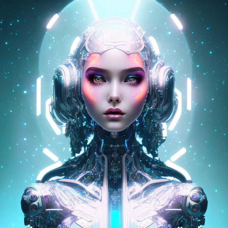 Detailed futuristic android with glowing neon lights and contemplative expression