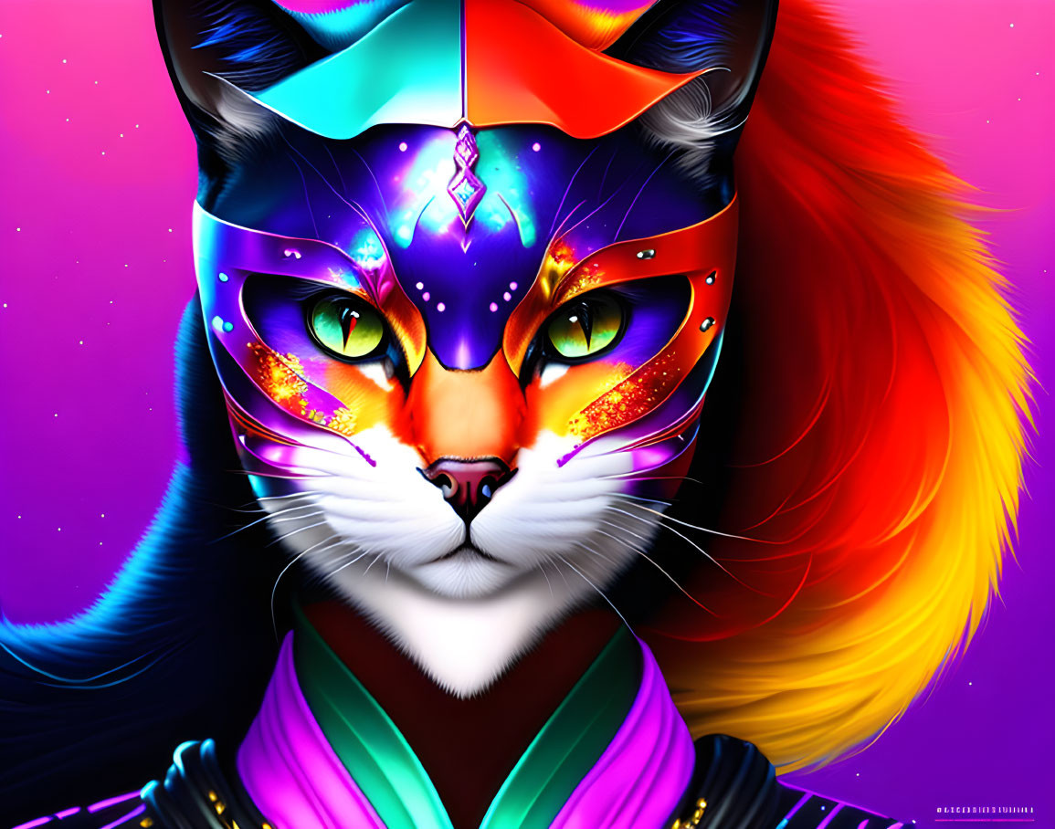 Colorful Cat Artwork with Face Mask Design & Rainbow Mane