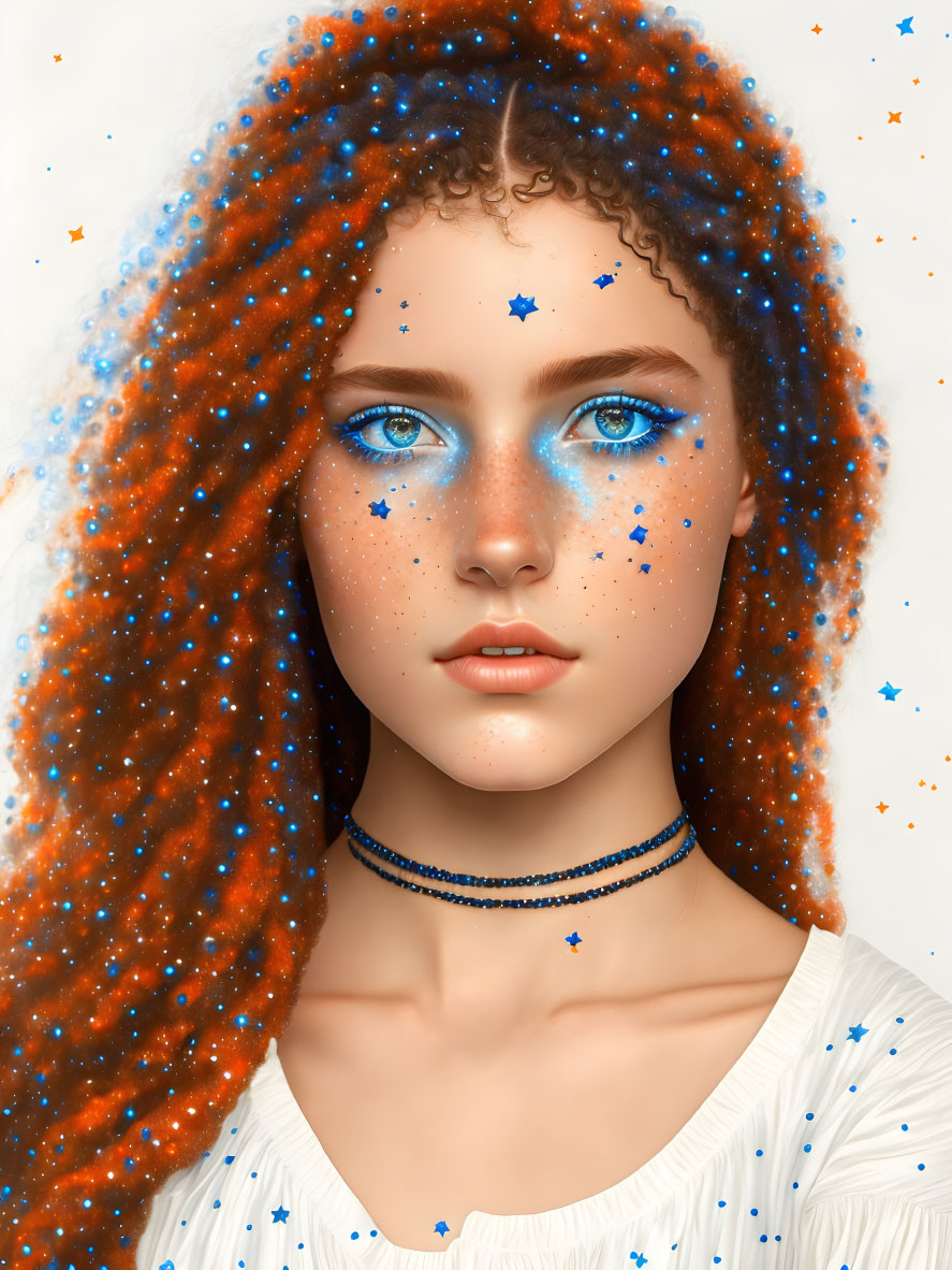 Portrait of woman with curly hair, galaxy-inspired stars, blue eyes, and star-shaped freckles