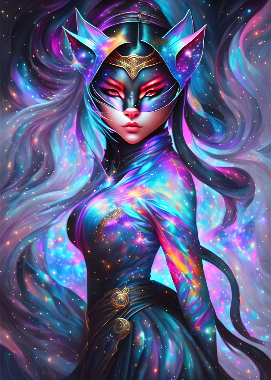 Cosmic-themed female figure with cat mask in mystical setting