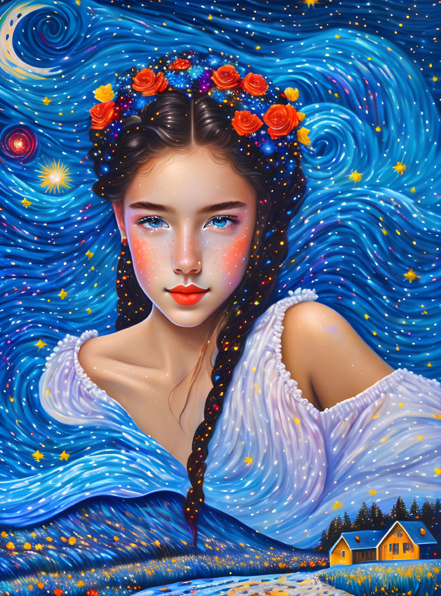 Portrait of woman with starry night and blue sky in hair, wearing flower crown