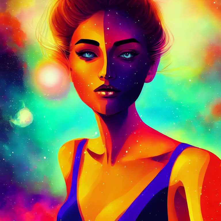 Vibrant cosmic-themed woman illustration with colorful space elements