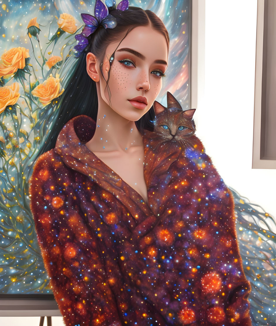 Digital artwork of woman with galaxy makeup, floral cape, holding a cat, surrounded by flowers.