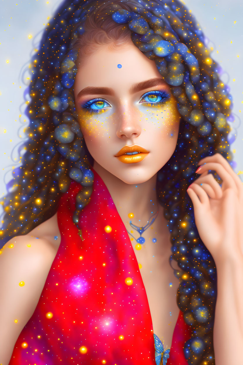 Digital portrait of woman with blue eyes, starry hair, red garment, cosmic and glitter motifs