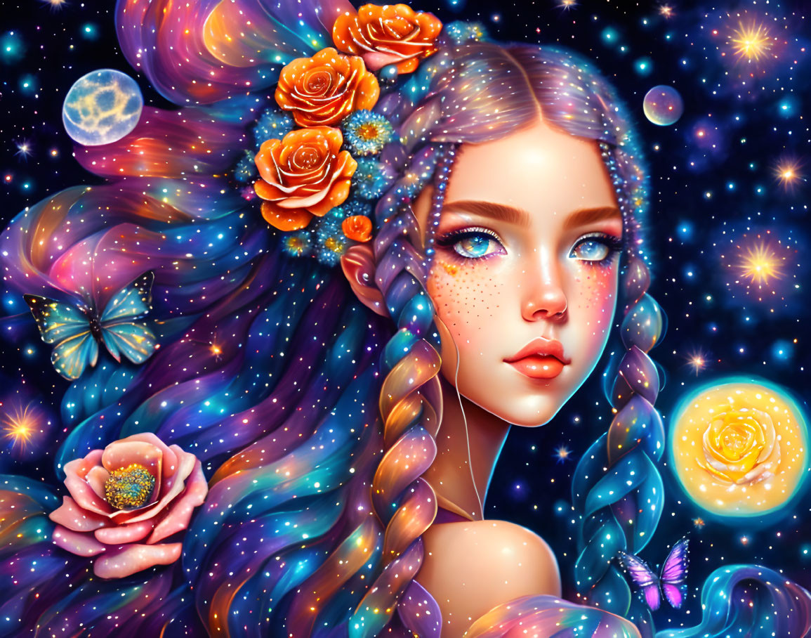 Illustration of girl with galaxy hair, flowers, butterflies, planets.