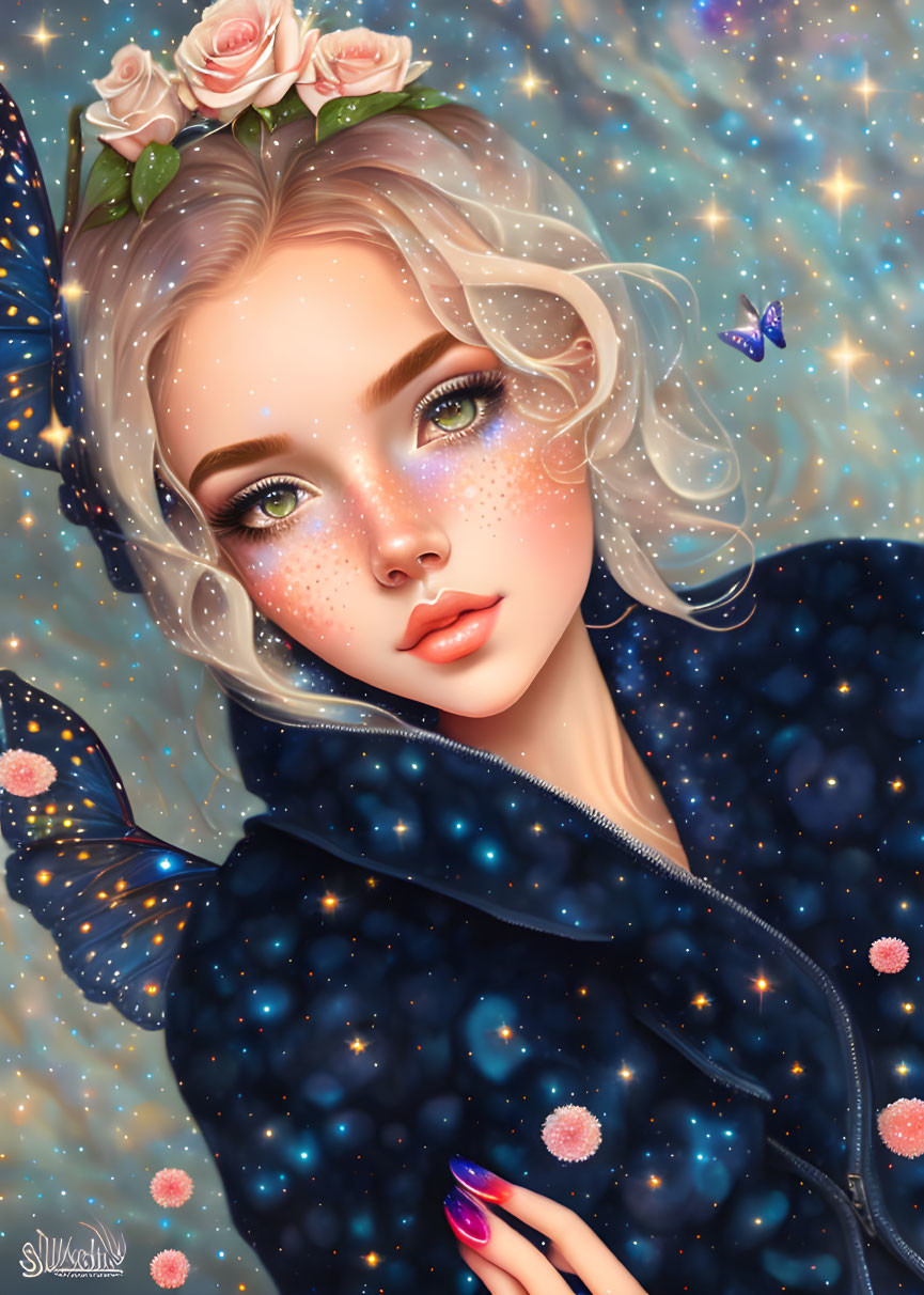 Illustrated portrait of woman with starry background, sparkling makeup, pink roses, blonde hair, and