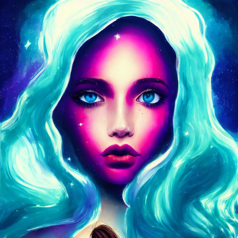 Vibrant digital artwork: Woman with blue hair in cosmic setting