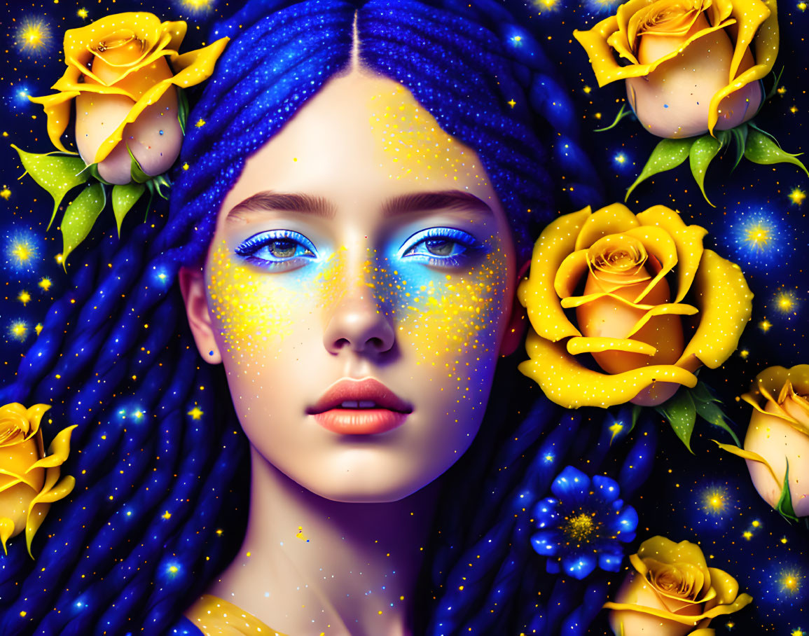 Surreal portrait of woman with blue hair and yellow speckles, surrounded by yellow roses on