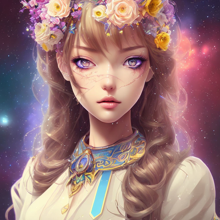 Digital art portrait of female character with floral crown and scar, against nebula backdrop