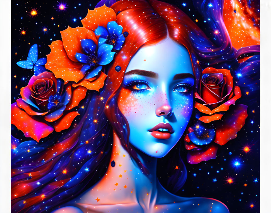 Colorful digital artwork: Woman with blue skin and floral hair in cosmic setting