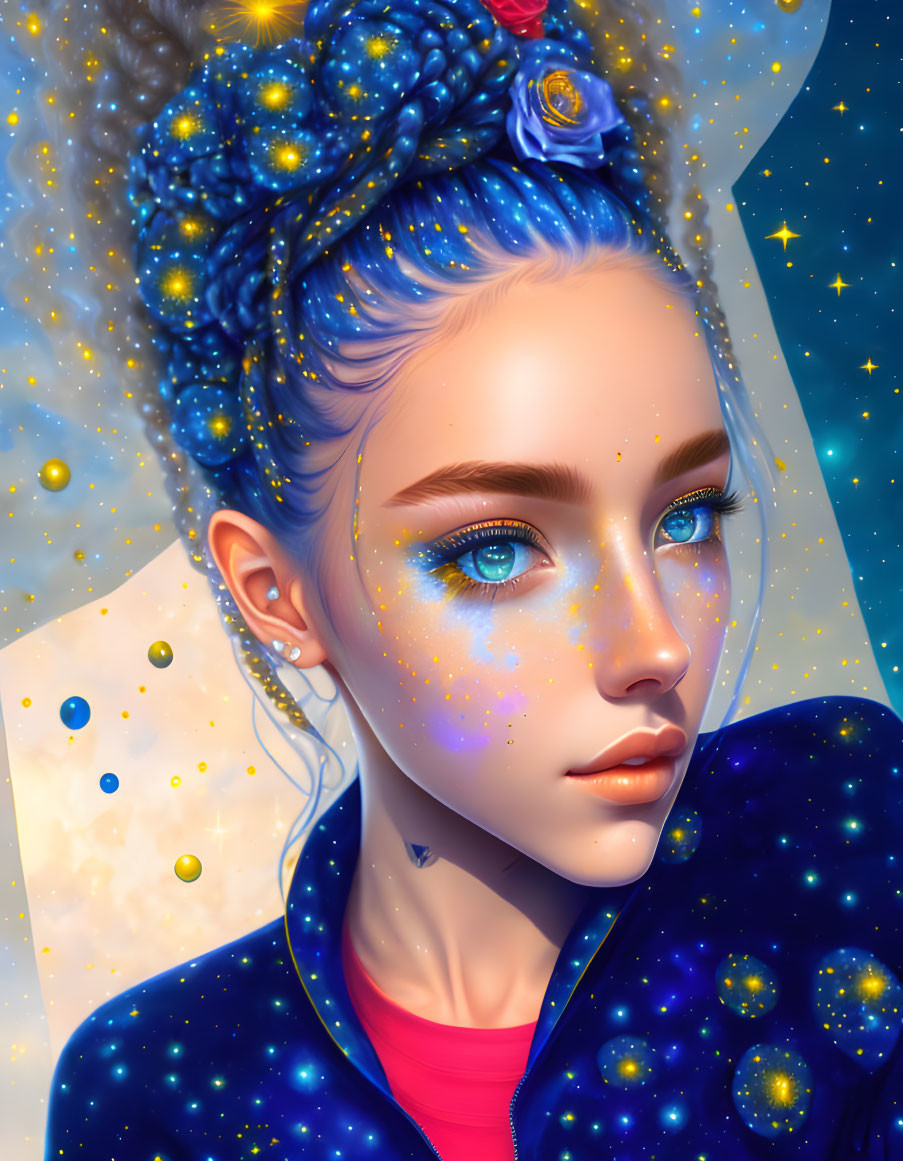 Starry blue-haired woman with cosmic complexion in dark jacket