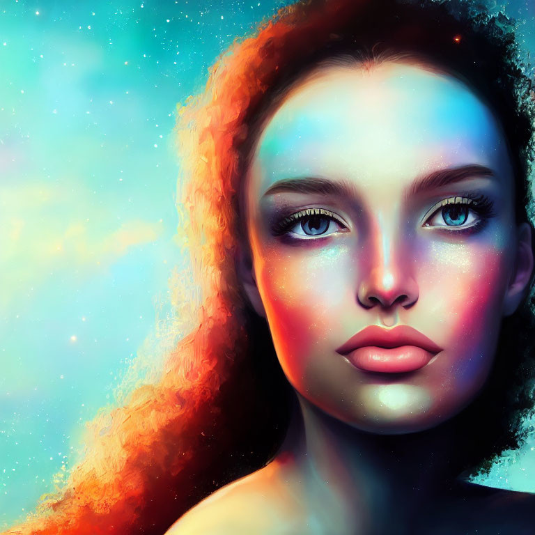 Colorful digital painting of a woman's face with cosmic hair and intense eyes