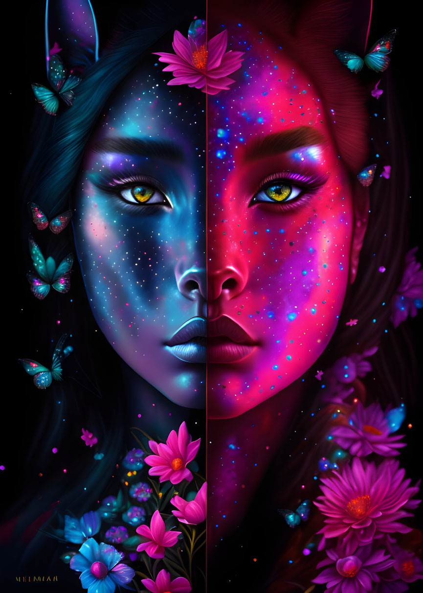 Split portrait: cosmic space vs. natural theme with butterflies and flowers