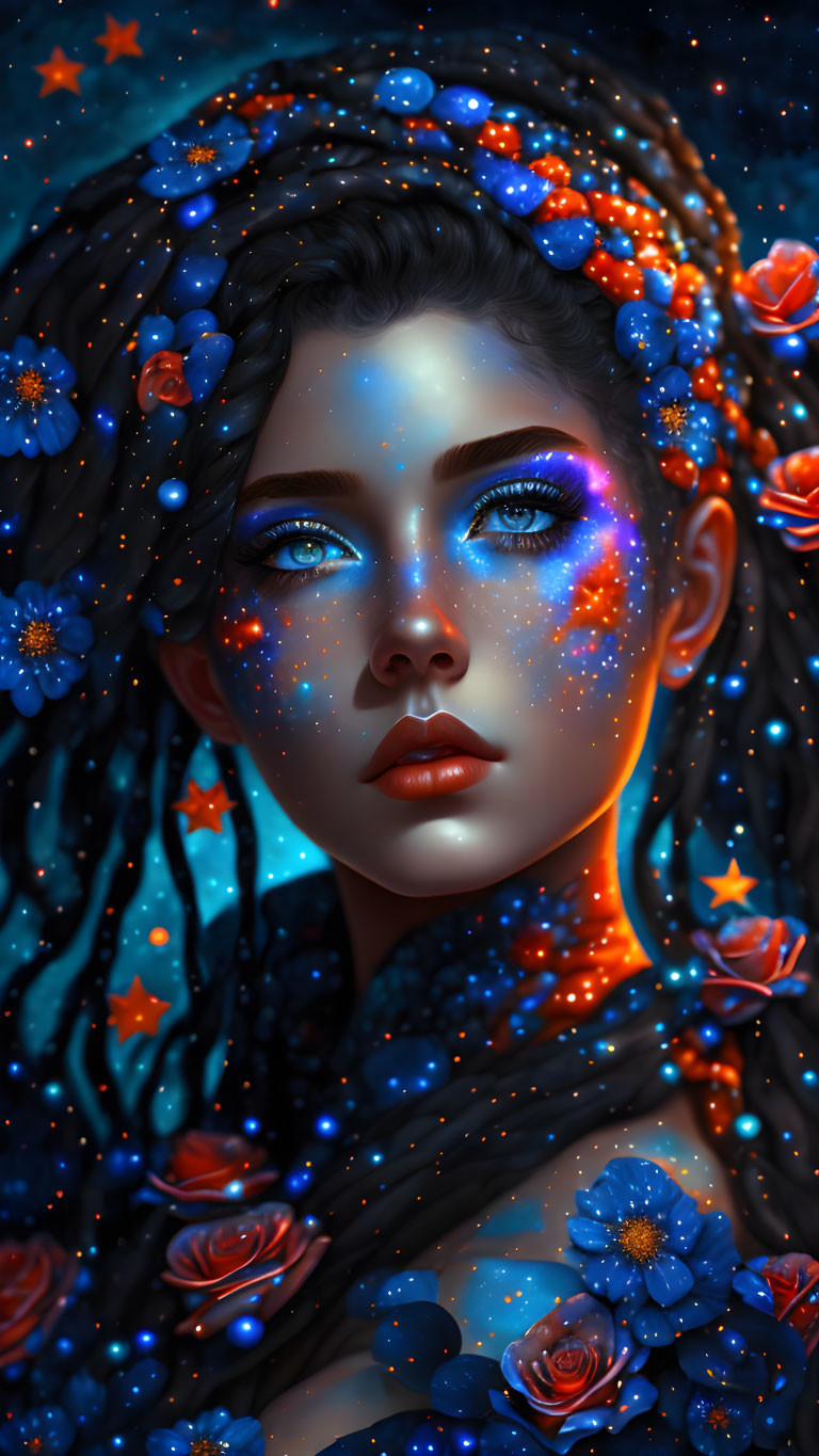 Portrait of Woman with Dark Curly Hair and Cosmic Makeup