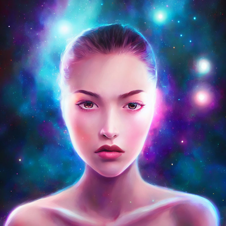 Digital portrait of serene woman against cosmic purple and pink backdrop