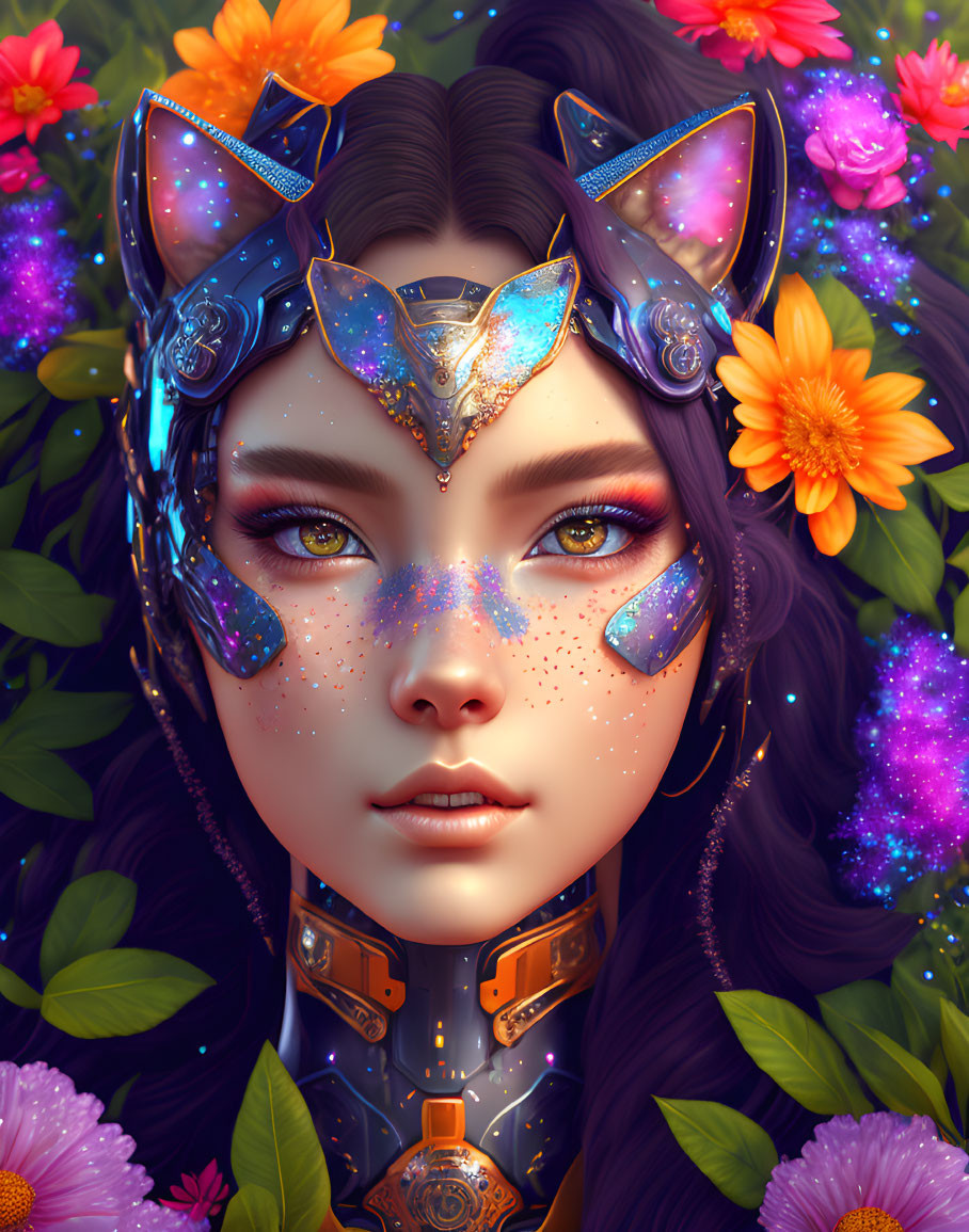 Digital Art: Woman with Mechanical Cat Ears & Galaxy Makeup among Vibrant Flowers