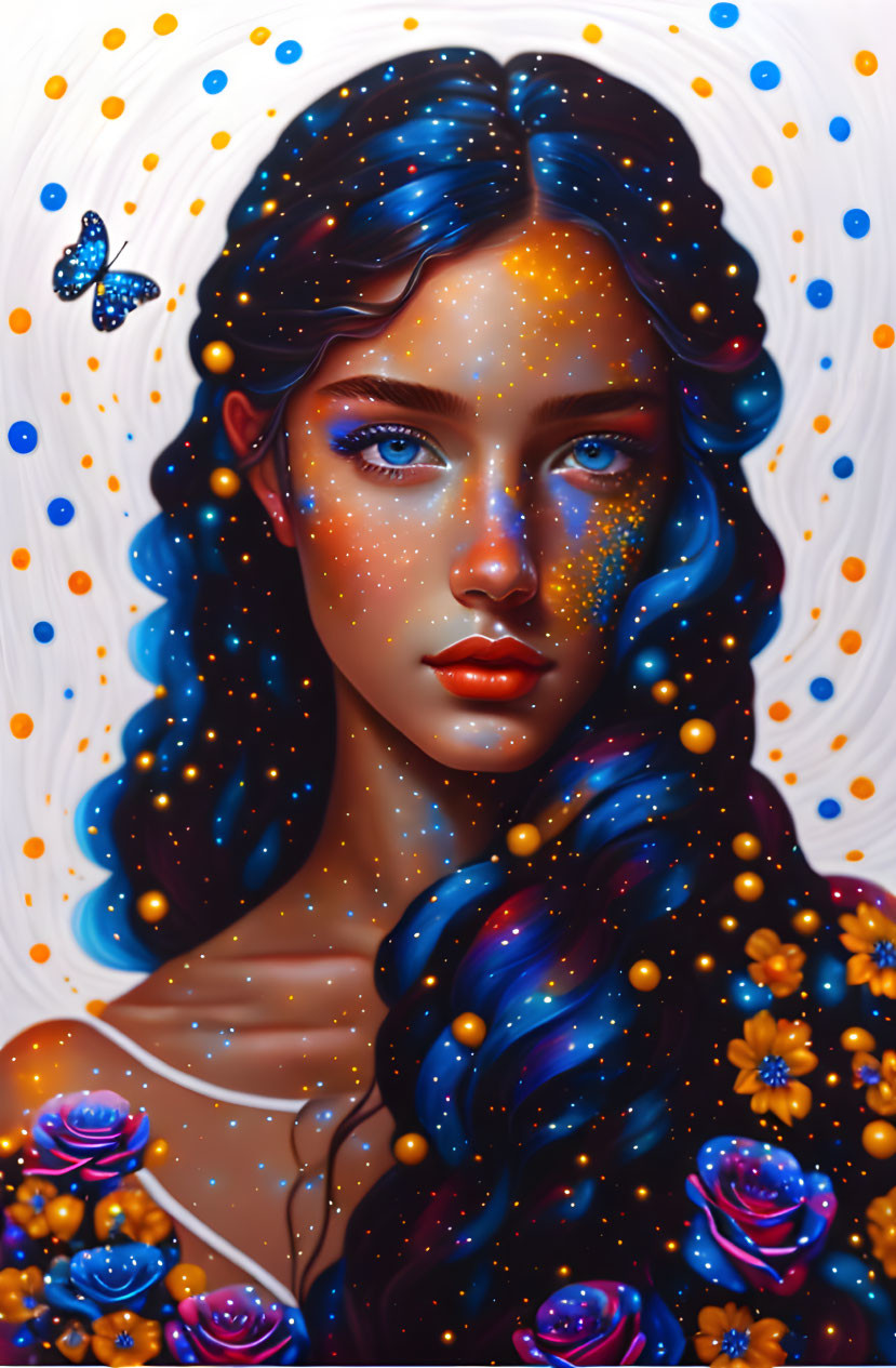 Digital art portrait of woman with galaxy skin, blue hair, floral accents, circles, butterfly