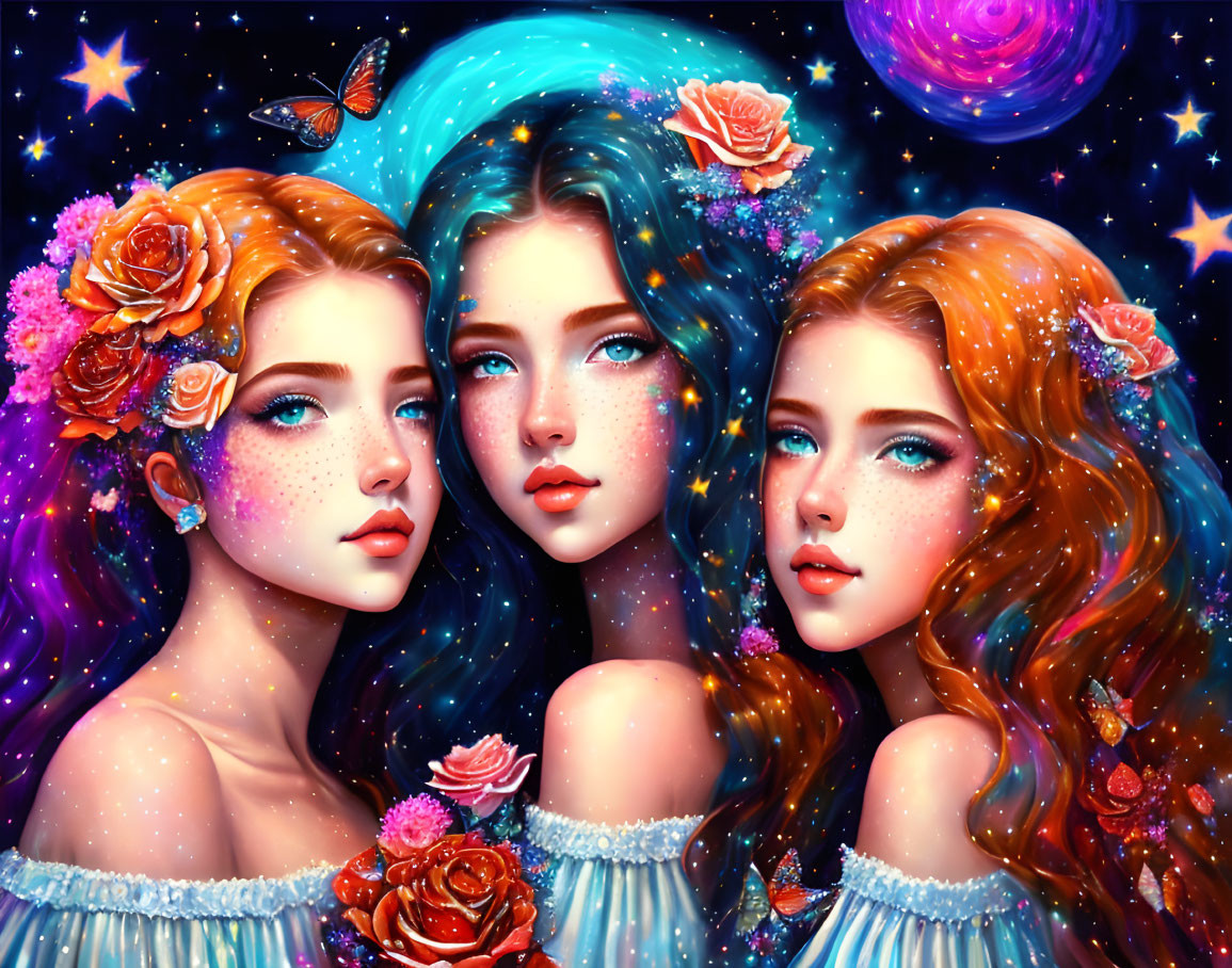 Ethereal Women with Vibrant Hair and Roses in Galaxy Setting