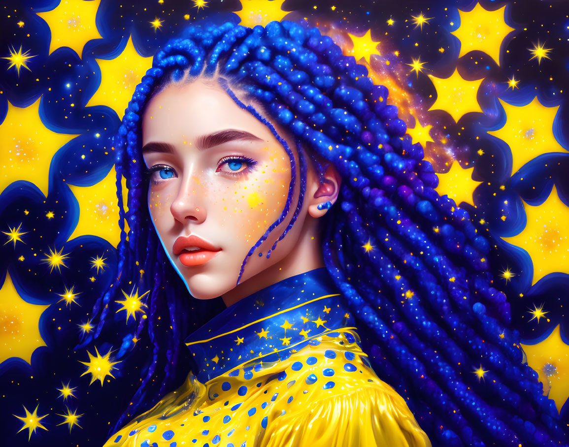 Digital artwork: Girl with blue braided hair in yellow star outfit on space background