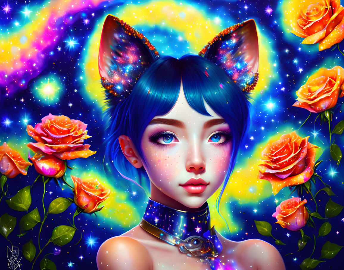 Digital art portrait of female figure with blue hair, cosmic cat ears, starry background, and vibrant