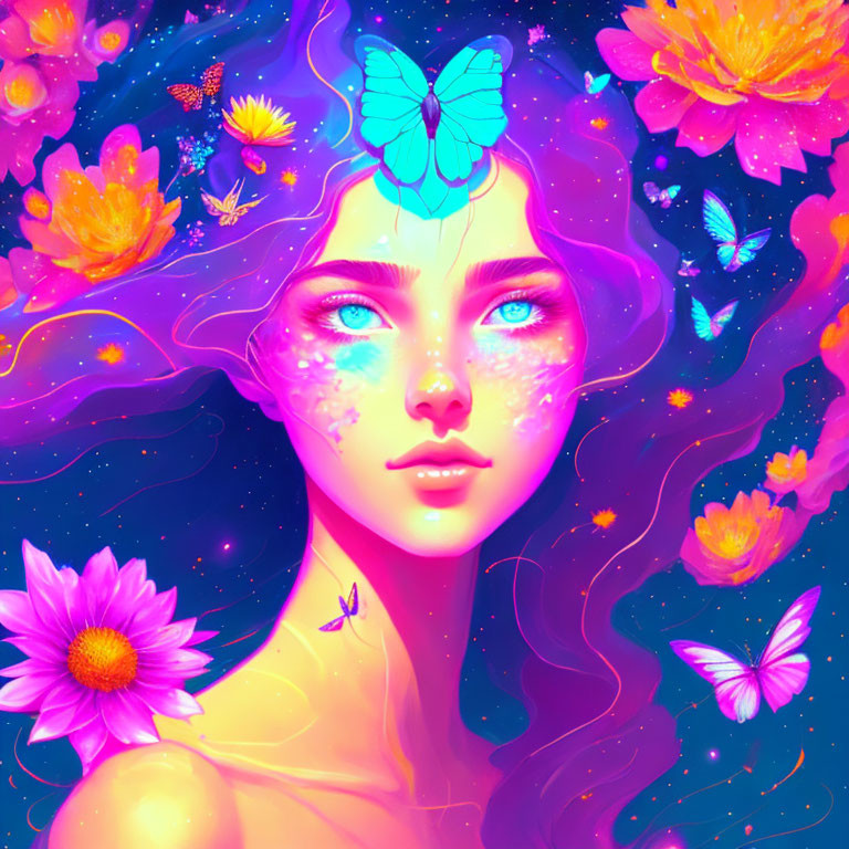 Colorful digital artwork of woman with blue eyes and butterfly on forehead, surrounded by neon flowers and butterflies