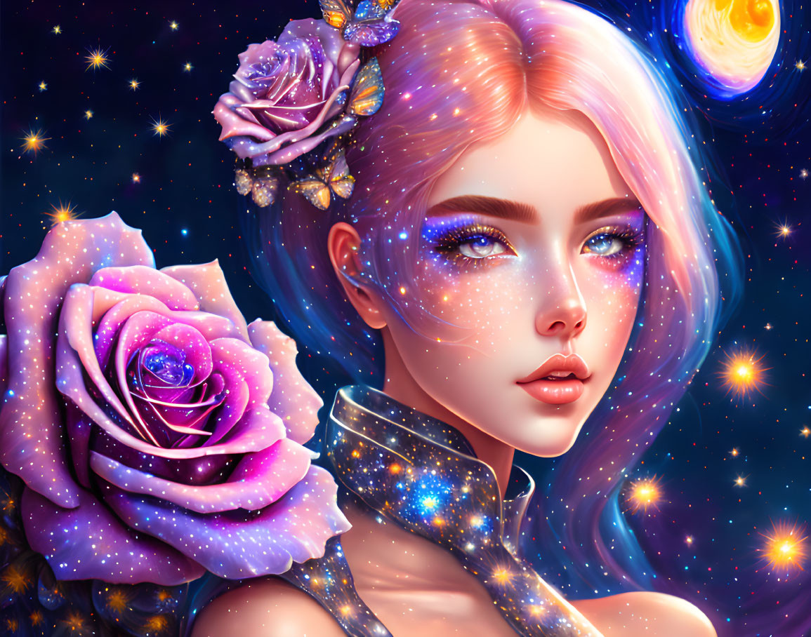 Digital artwork: Woman with pink hair, galaxy makeup, stars, rose, planets against cosmic background