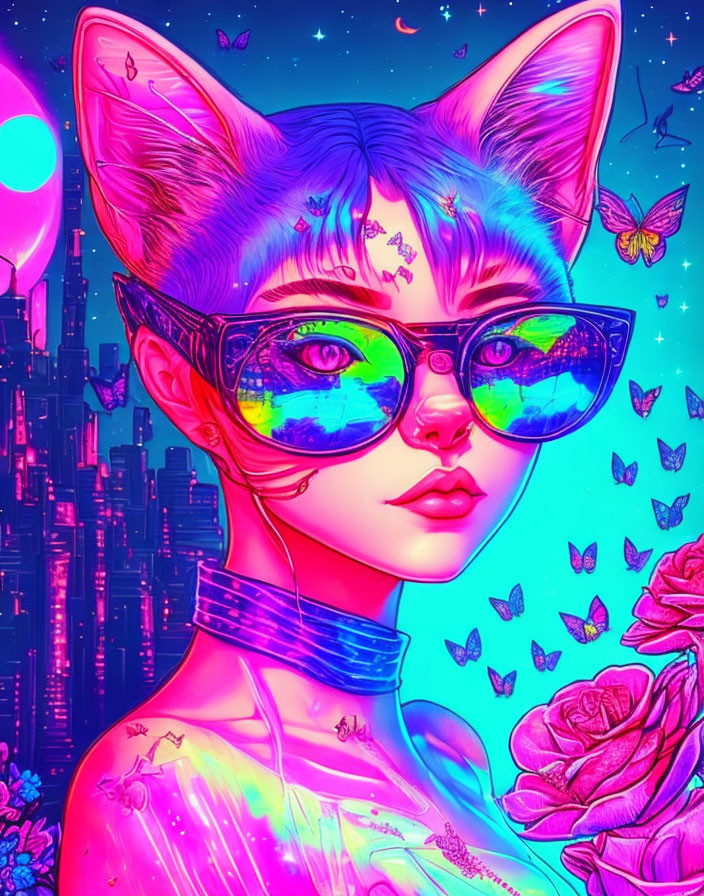 Colorful Cat-Eared Figure in Reflective Glasses and Neon Cityscape with Butterflies