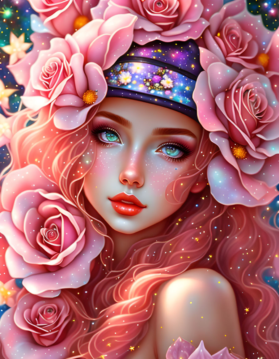 Colorful woman with pink hair and galaxy headband, surrounded by stars and roses.