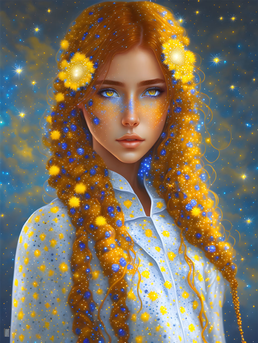 Digital artwork featuring woman with long curly hair and glowing stars on blue background