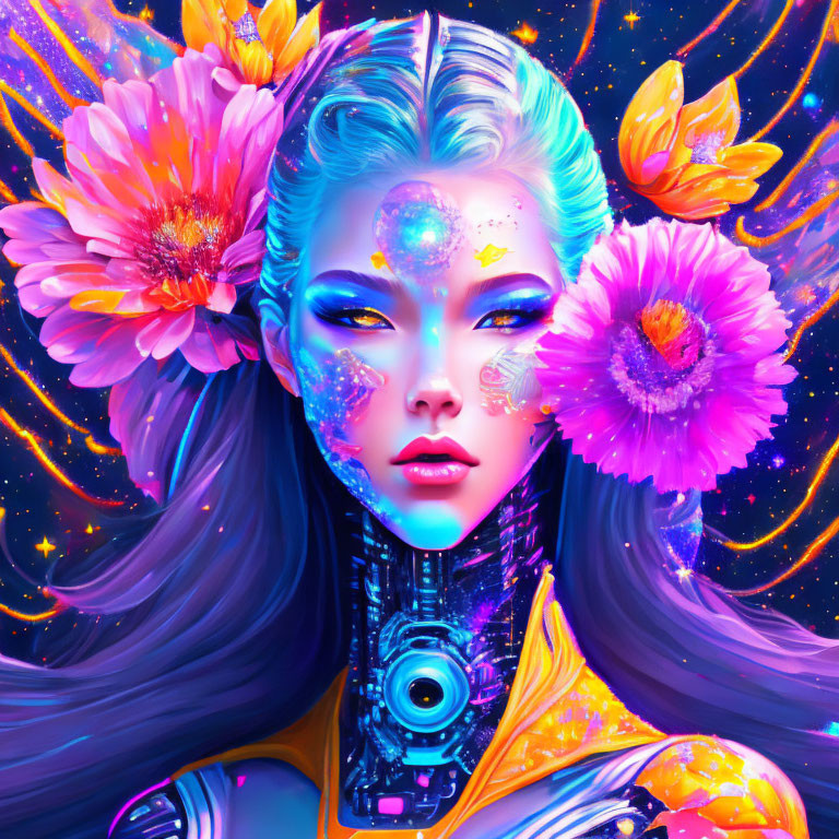 Digital artwork featuring woman with floral and celestial theme and mechanical neck details